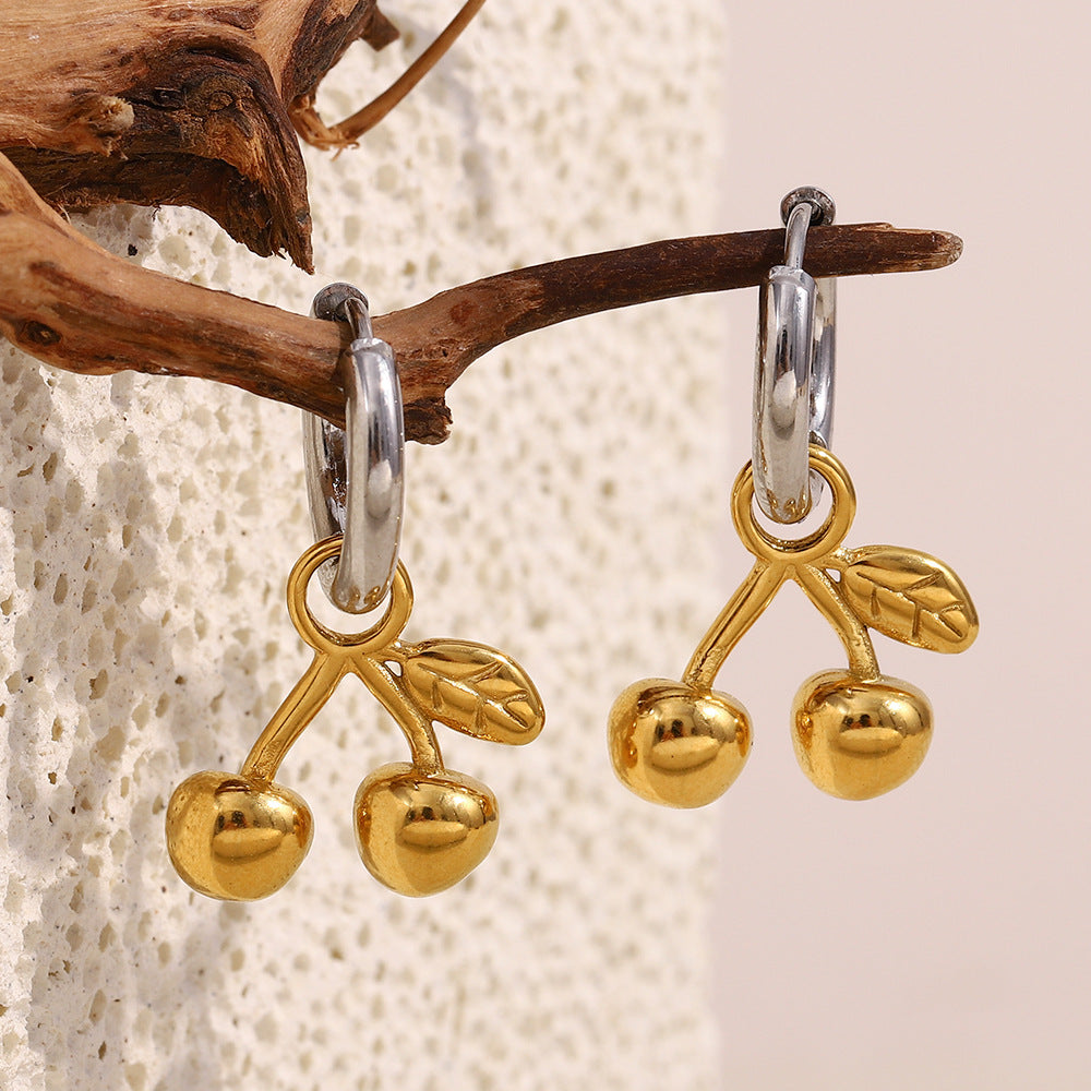 Orecchini in acciaio inossidabile a forma di ciliegia con placcatura in oro 18 carati per donne, design alla moda minimalista e adatto per l'ufficio