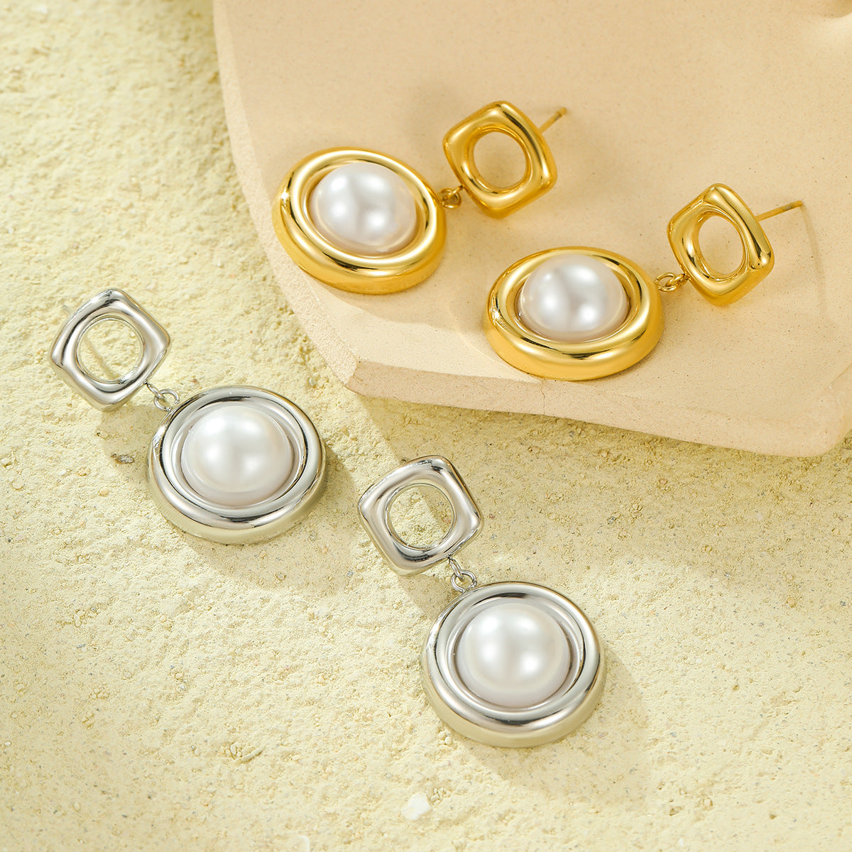 Orecchini a perno da donna minimalisti in acciaio inossidabile con pendente vuoto quadrato e rotondo impreziosito da perle