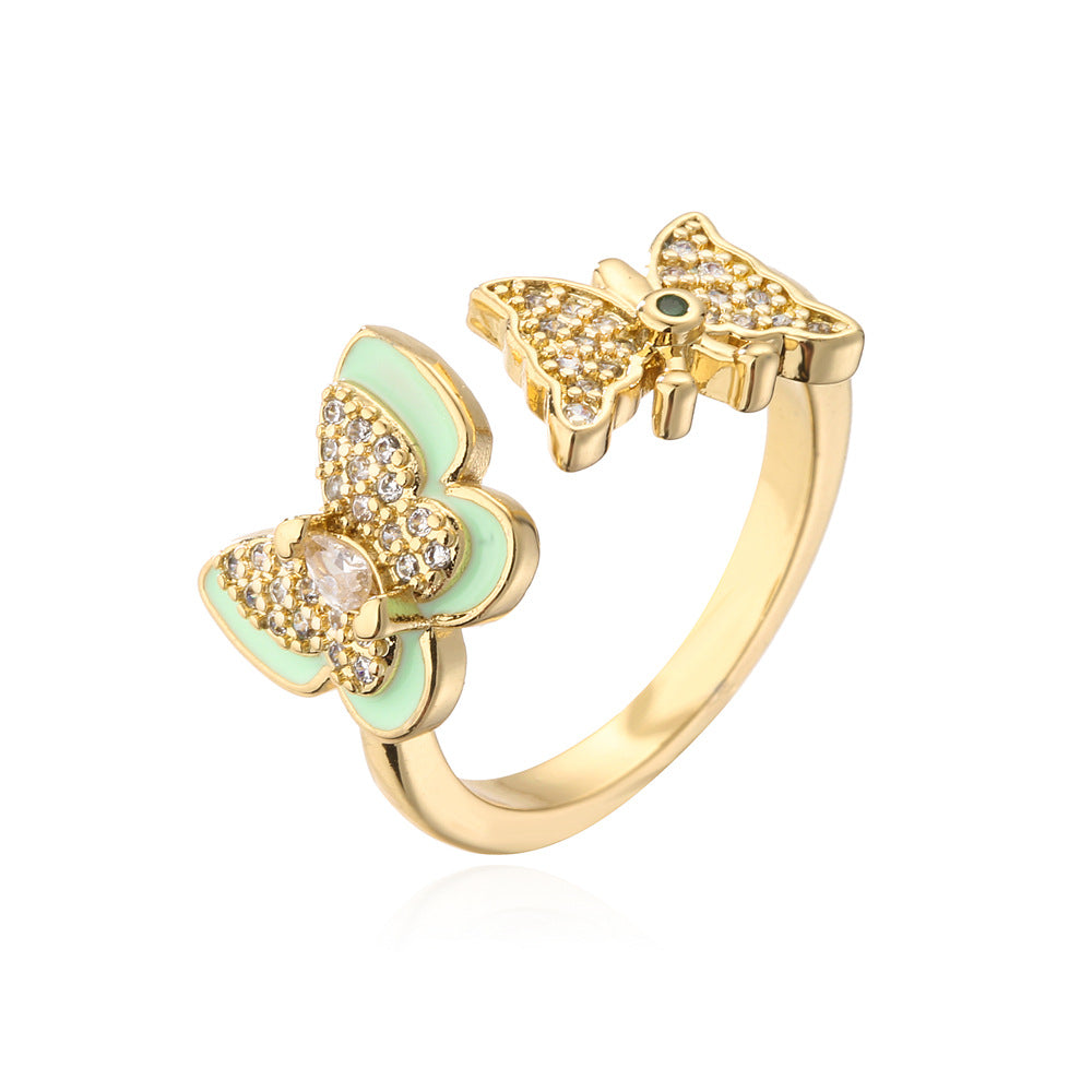 Anello a farfalla aperto stile naturale in rame placcato oro 18K con zirconi micro-incastonati