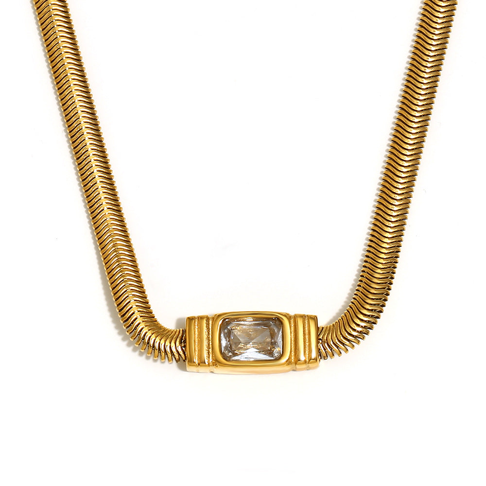 Vintage Hip Hop Geometric Stainless Steel Plated 18K Gold Snake Chain Necklace with Zircon Accents for Women