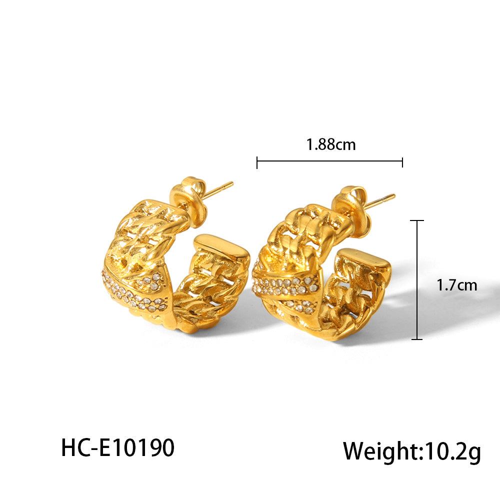 Pendientes de Mujer de Acero Inoxidable Bañados en Oro de 18K con Forma de C, Diseño Geométrico, Cadena de Múltiples Capas y Diamantes de Imitación, Estilo Ins