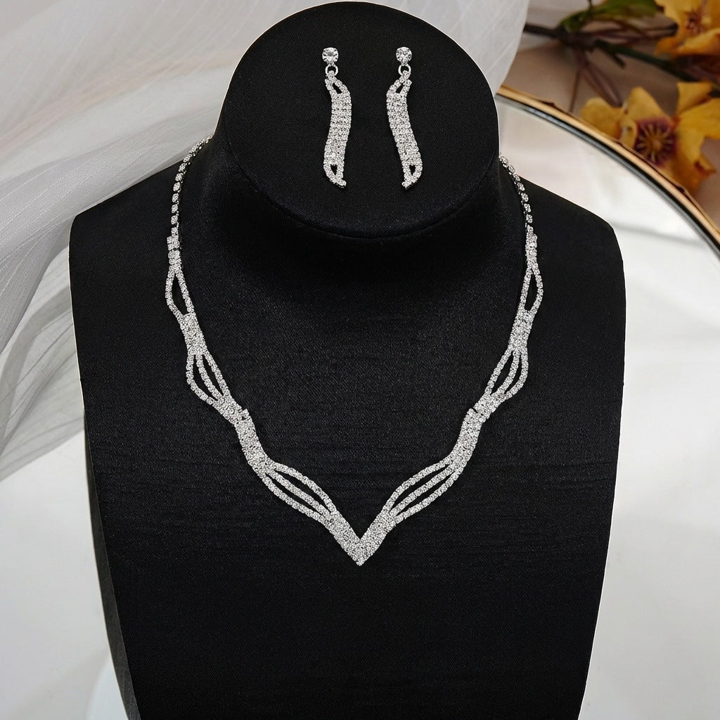 Vintage Elegant Full Rhinestone Inlaid Heart Teardrop Brass Necklace and Earring Set for Women