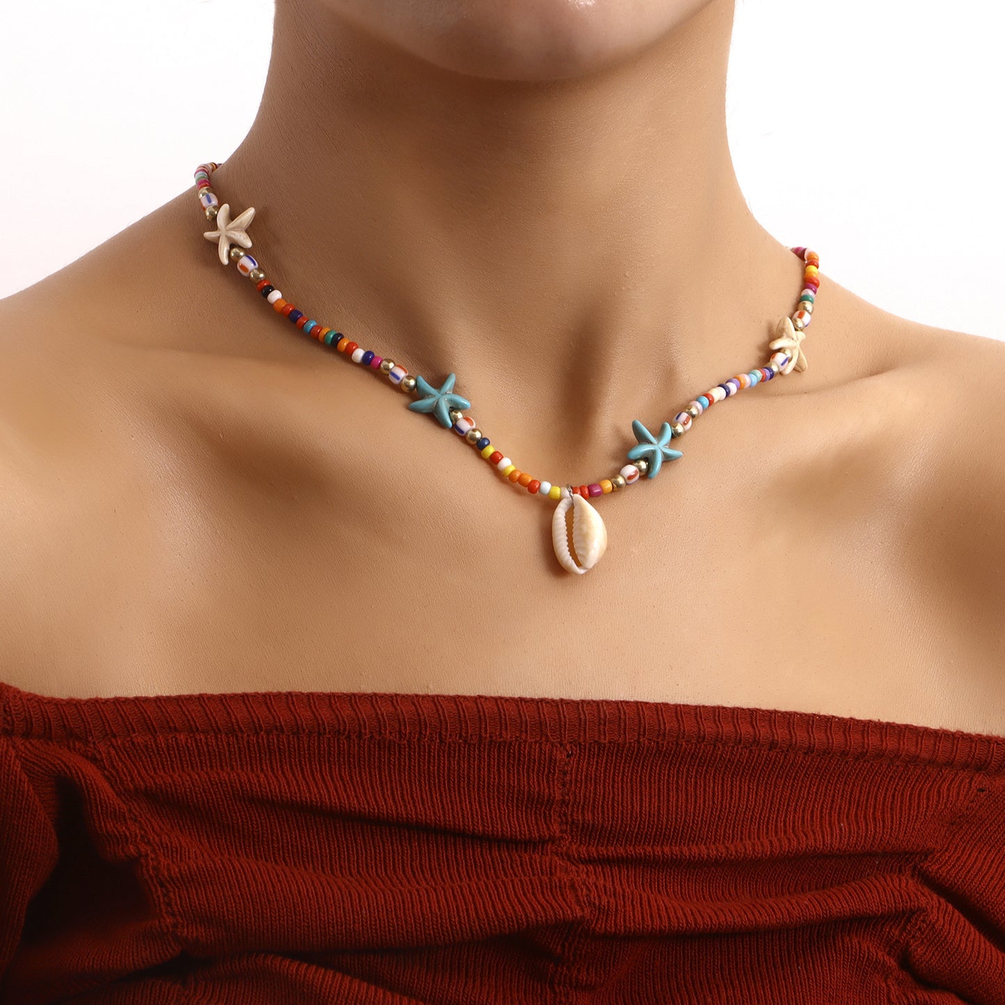 Bohemian Starfish and Seashell Pendant Necklace for Women in Alloy with Plated Finish Geometric Ocean-Inspired Design