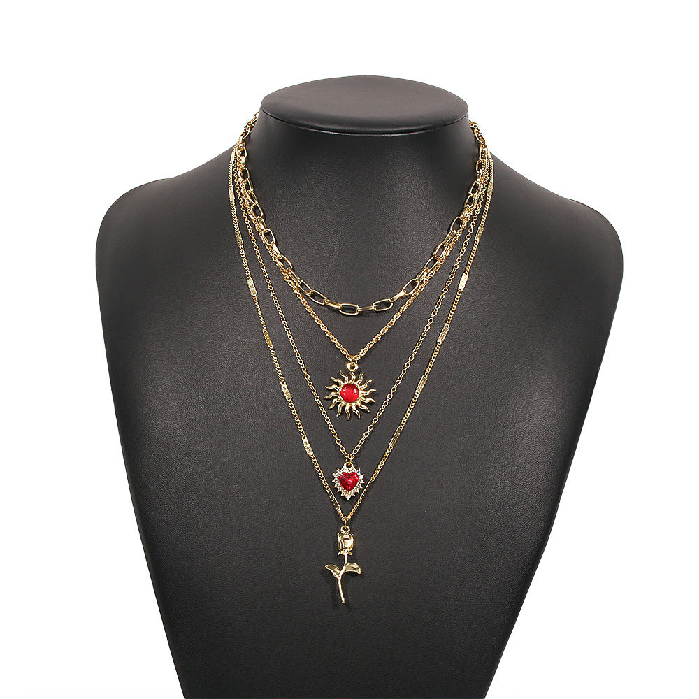 Collana Girocollo Floreale Cuore con Sole Retrò da Donna con Intarsio di Strass in Lega, Design Geometrico, Finitura Placcata