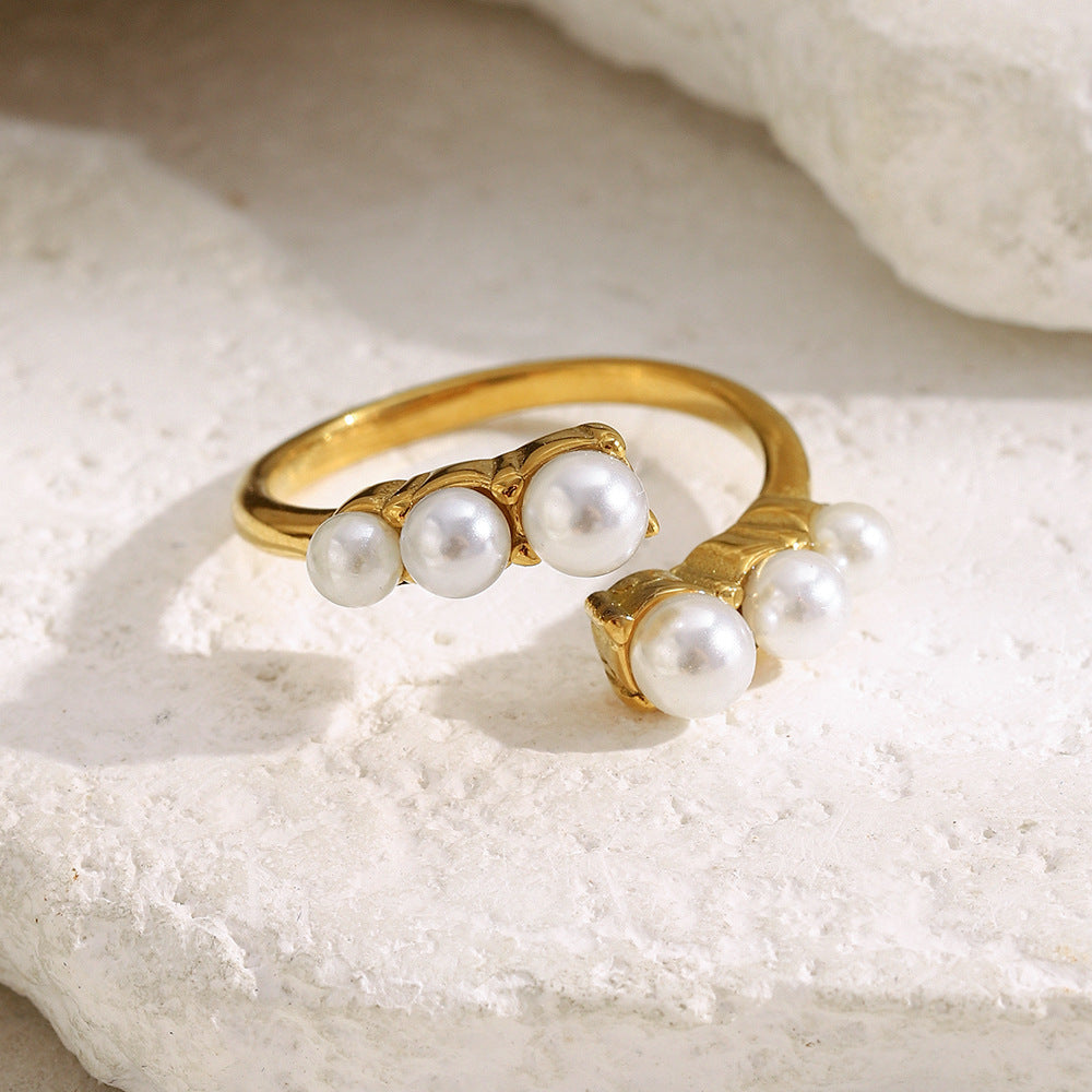 Anello Aperto Minimalista Geometrico Placcato Oro 18K in Acciaio Inossidabile da Donna con Finitura Simil-Perla