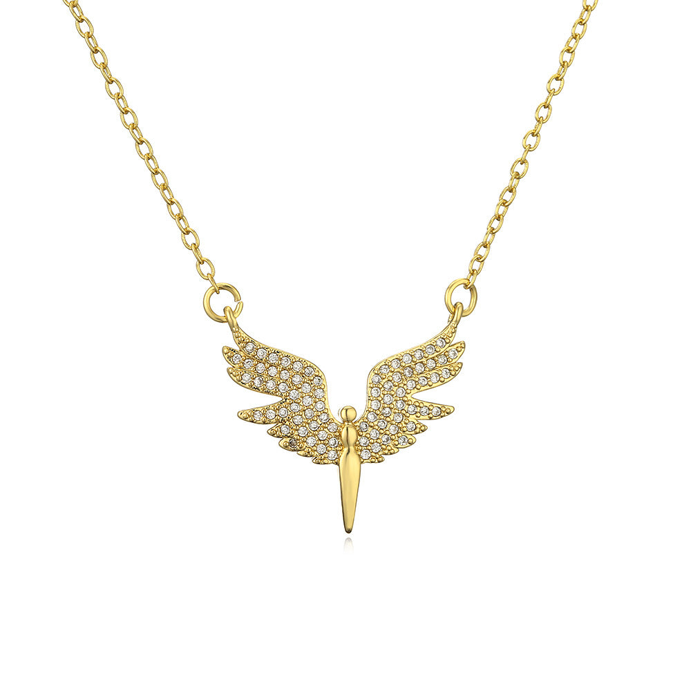 Collana pendente angelo minimalista da donna in ottone con placcatura in oro vero e intarsio di zirconi