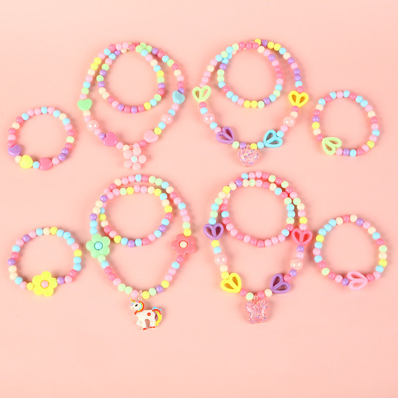 Cartoon Unicorn Pendant Necklace Set with Colorful Dopamine Beads for Kids, Resin Animal Charm on Round Bead Chain, Princess Style Children's Jewelry
