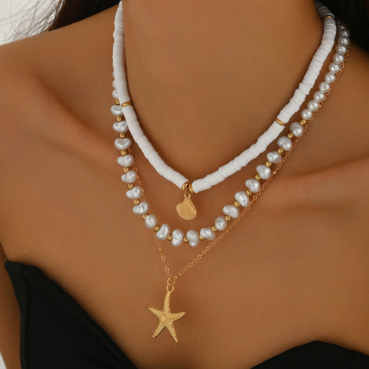 Casual Geometric Ocean-Inspired Long Necklace Set for Women with Shell and Star Pendant, Woven Zinc Alloy Locket Chain