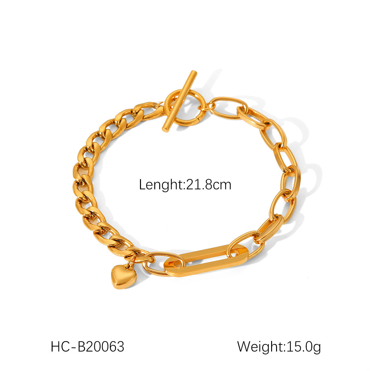 Pulsera de cadena cubana de acero inoxidable chapado en oro de 18 quilates estilo Ins con eslabones ovalados y colgante de corazón con cierre OT para mujer