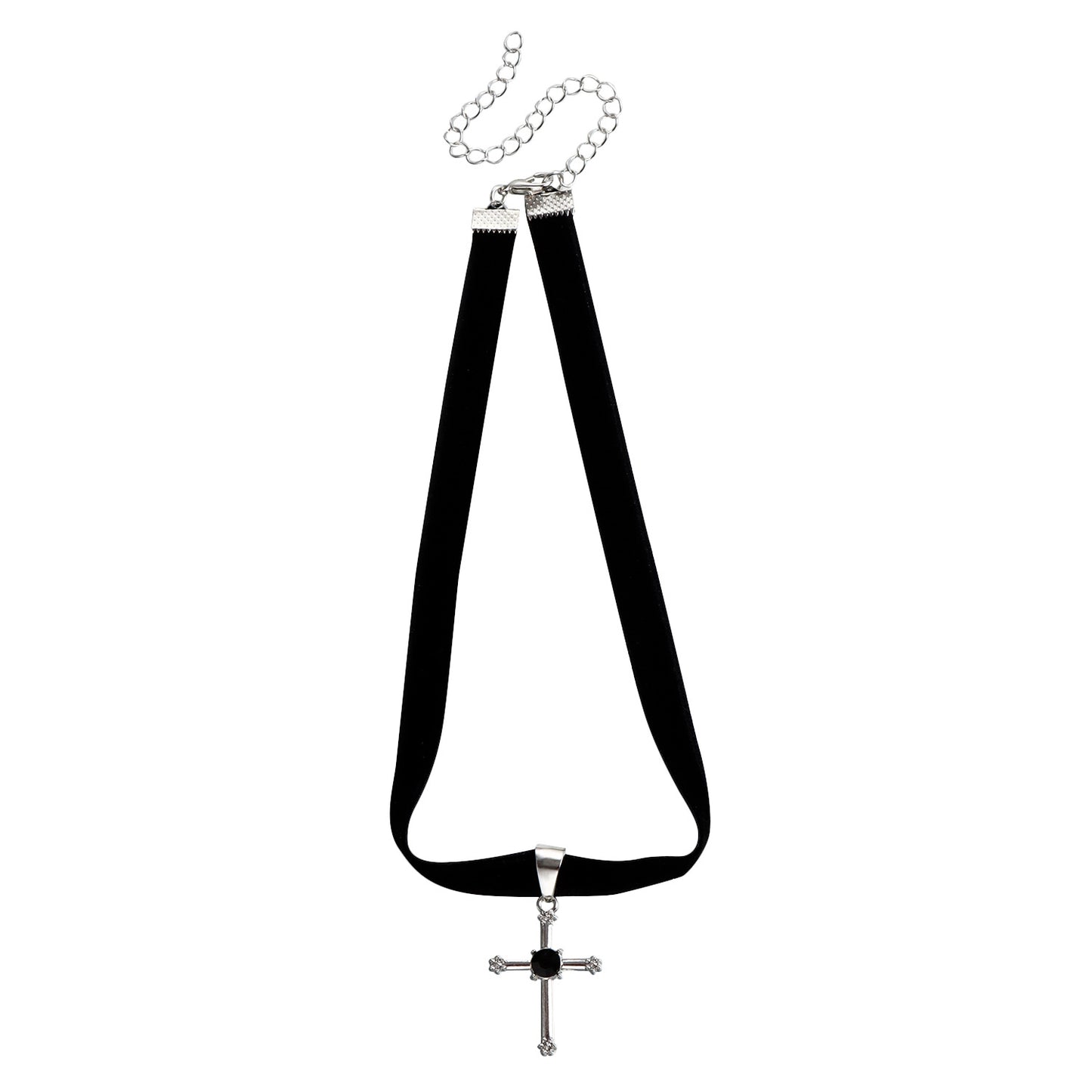 Gothic Style Cross Pendant Necklace with Black Satin Ribbon Short Clavicle Chain Alloy Plated Jewelry for Women