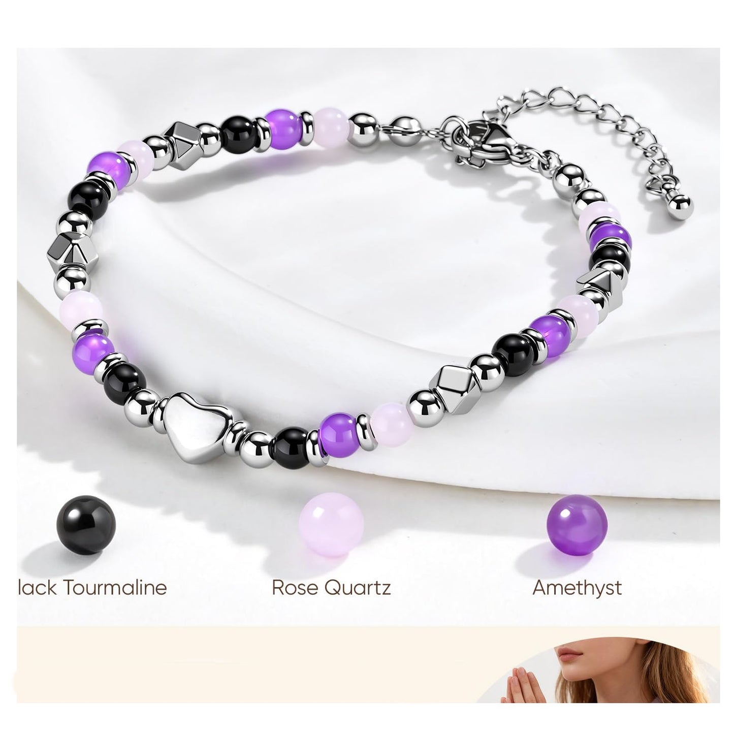 Luxury Heart Geometric Obsidian Amethyst Rose Quartz Bracelet for Women
