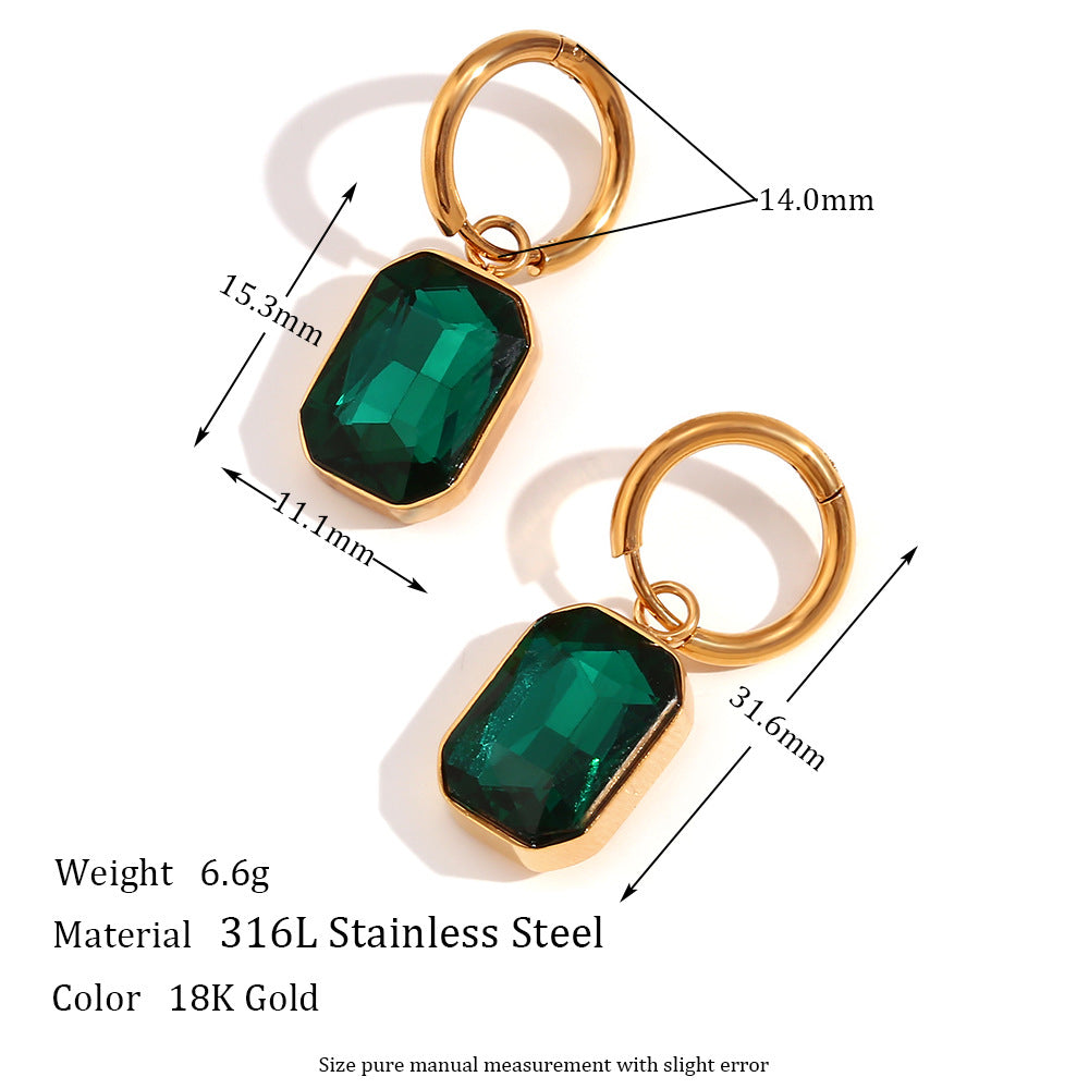 Fashionable Geometric Stainless Steel Earrings with 18K Gold Plating and Rectangular Cubic Zirconia Pendants for Women