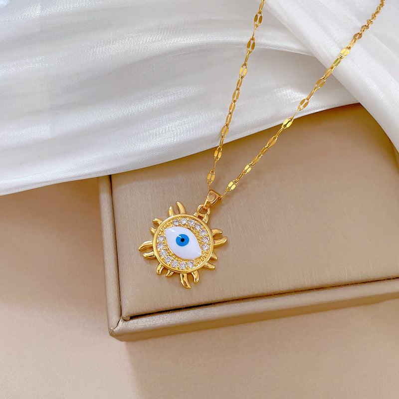 Collar con colgante de ojo turco geométrico minimalista para mujer y hombre, cadena de serpiente de acero inoxidable con incrustaciones de diamantes de imitación