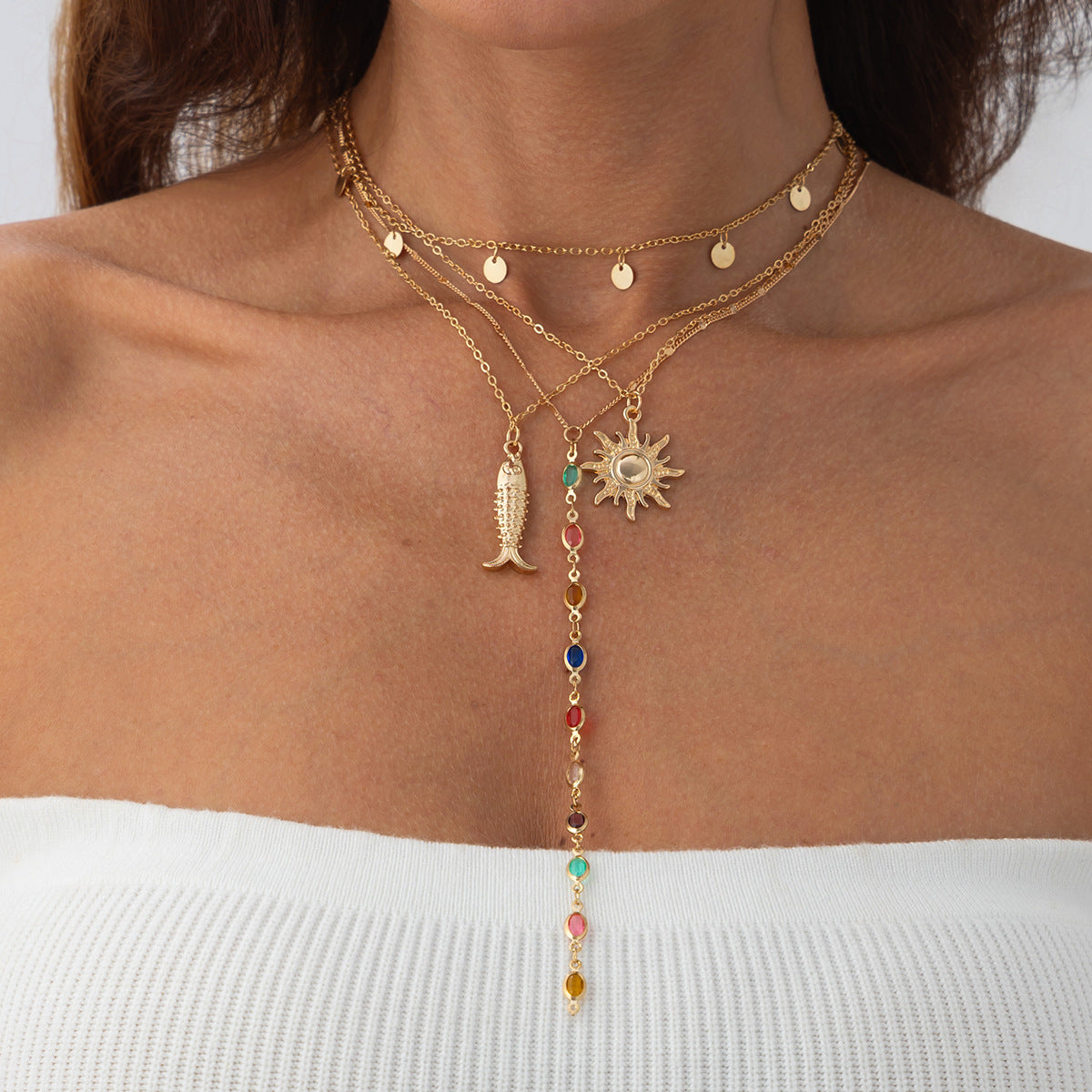 Minimalist Rhinestone Inlaid Cross and Animal Pendant Plated Brass Necklace for Women