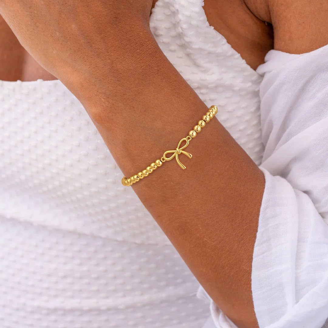 Minimalist Elegant Brass Plated Bow Bracelet for Women Adjustable Beaded Hand Jewelry
