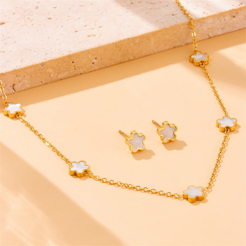 Vintage Minimalist Business Casual Plated Stainless Steel Flower Pendant Necklace Earrings Bracelet Set