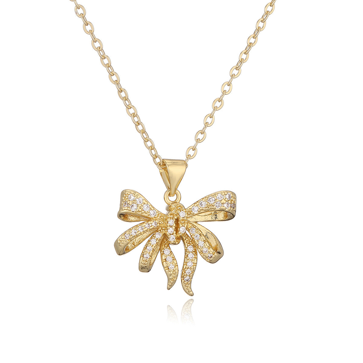 Minimalist Bow-Shaped Copper Pendant Necklace with Real Gold Plating and Zircon Accents for Women
