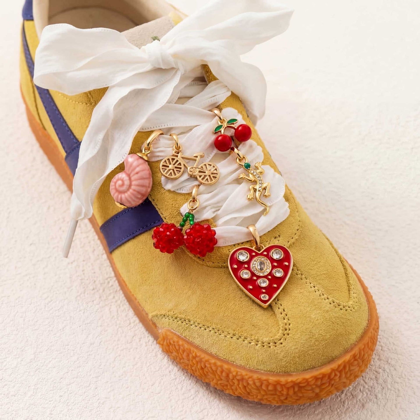 Sweet Vintage Heart Teardrop Cherry Pearl Lace Trim Brass Plated Shoe Charm Pendant