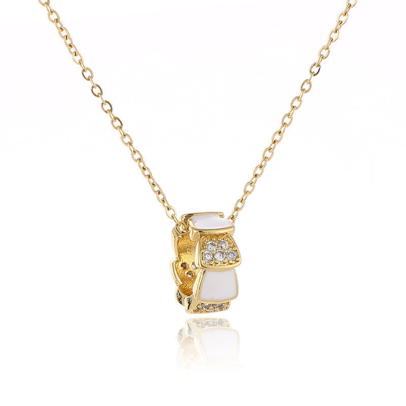 Minimalist 18K Rose Gold Plated Titanium Steel Snake Chain Necklace with Rhinestone and White Mother of Pearl Water Drop Pendant