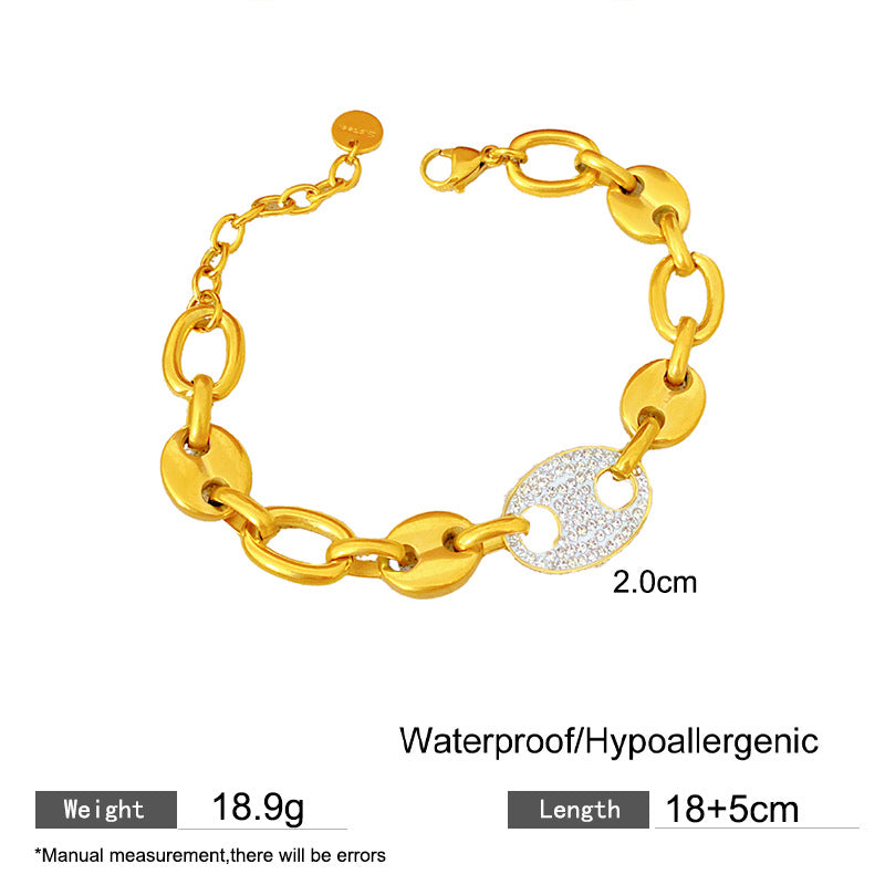 Light Luxury Titanium Steel Plated Rhinestone Pig Bracelet with Smile Detail