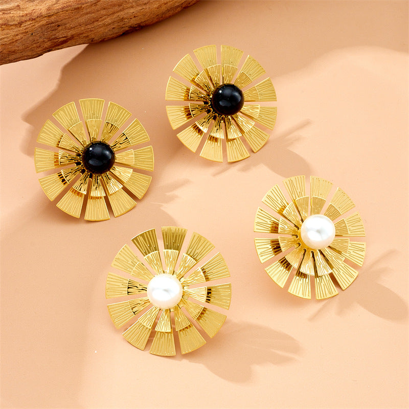 Fashion Business Casual Gold Plated Stainless Steel Floral Pearl Jewelry Set