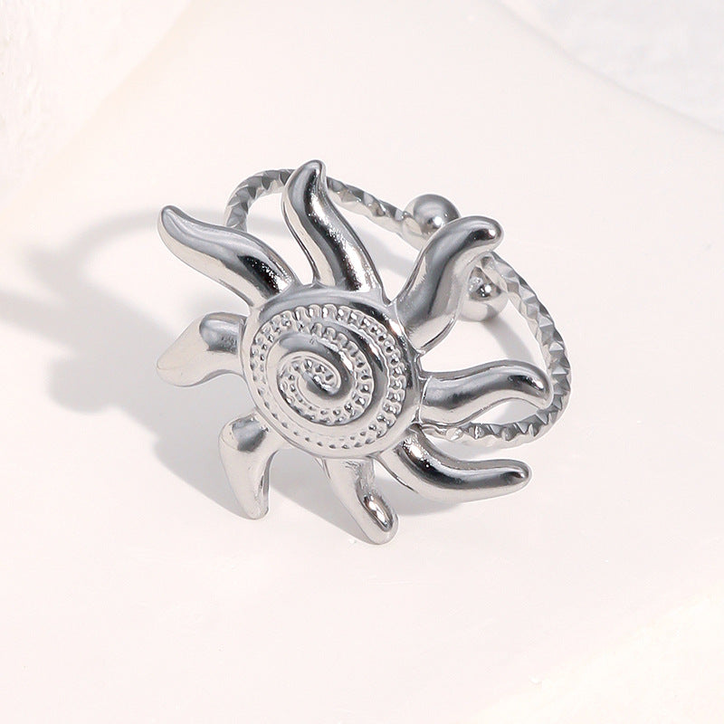 Anello aperto geometrico con sole in acciaio inossidabile placcato oro 18 carati, stile minimalista vintage, da donna