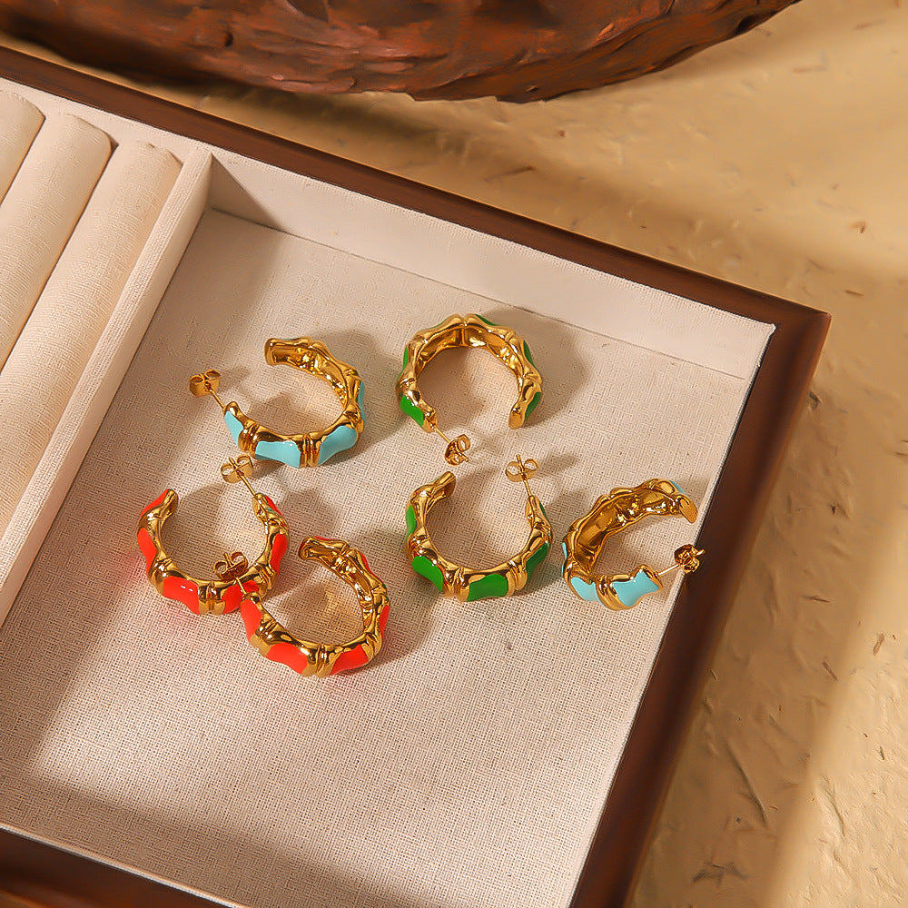 Minimalist Stainless Steel Bamboo Joint C-Shaped Earrings with Enamel Coloring and Gold Plating for Women
