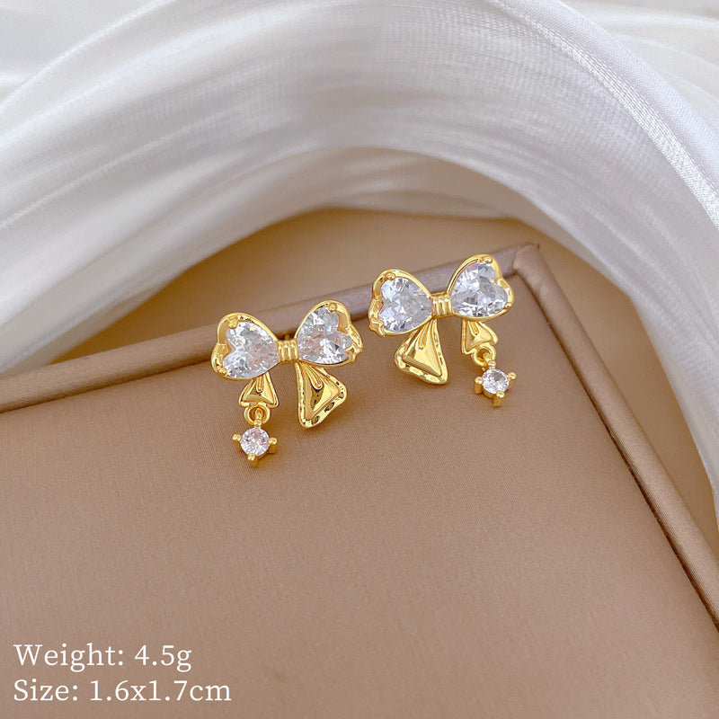 Sweet Micro-Set Cubic Zirconia & Amethyst Crystal Four-Leaf Flower Bow Pendant Titanium Steel Necklace for Women