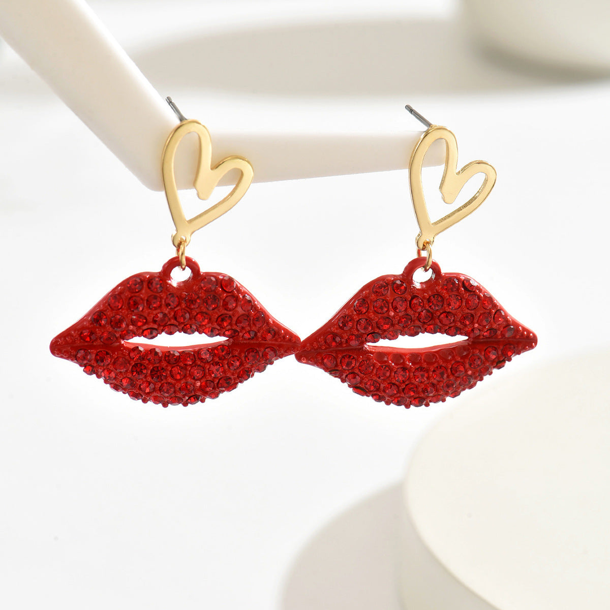 Pendientes de Aleación con Forma de Labios y Pedrería, Diseño Geométrico y Estilo Elegante y Versátil para Mujer