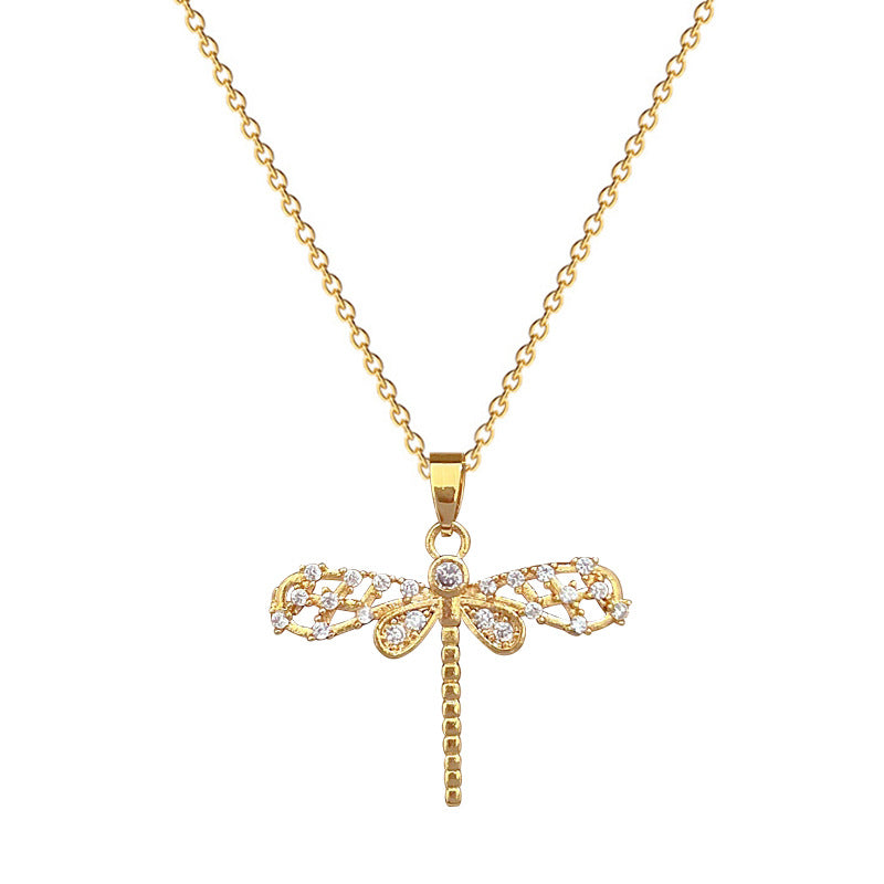 Luxury Hollow-Out Rhinestone Dragonfly Pendant Necklace for Women Titanium Steel Delicate Clavicle Chain with Geometric Design
