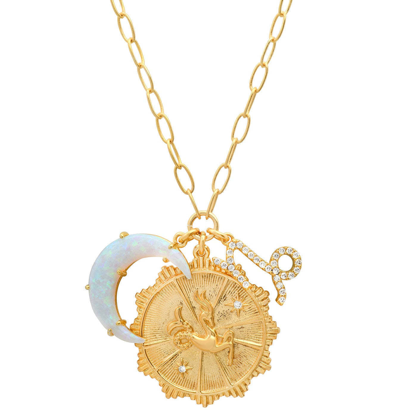 Collana con Pendente Vintage Segno Zodiacale Luna con Opale in Rame con Zirconi Micro-Pave, a Mezzaluna, Catenina Regolabile per Clavicola