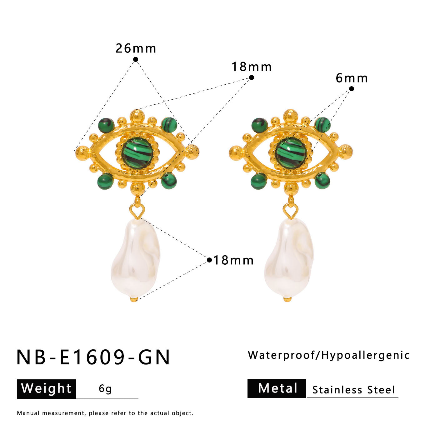 Minimalist Geometric Eye-Shaped Stainless Steel Earrings with Pearl Accents and 18K Gold Plating