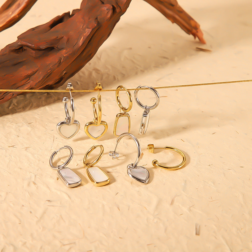 Minimalist Geometric Heart-Shaped Natural White Abalone Pendant Earrings in Stainless Steel with 18K Vacuum Plating