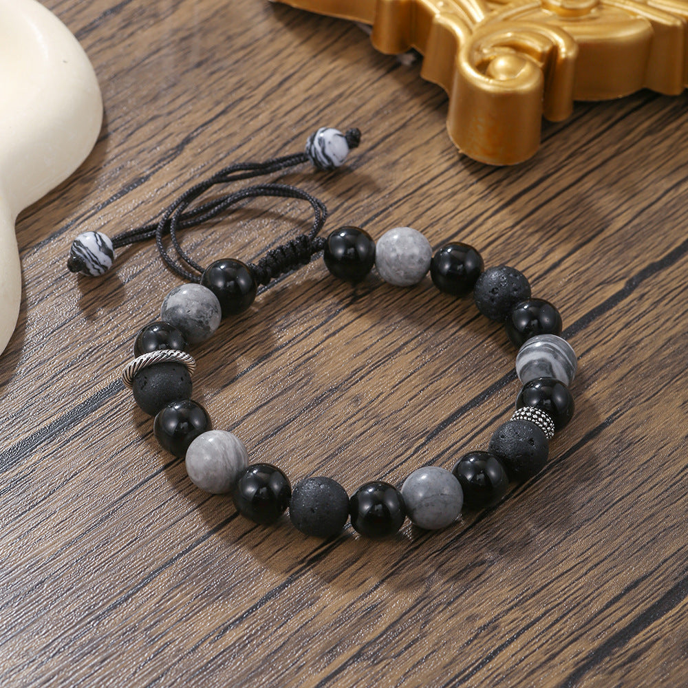 Matte Black Geometric Round Volcanic Stone and Glass Beaded Bracelet for Men and Women