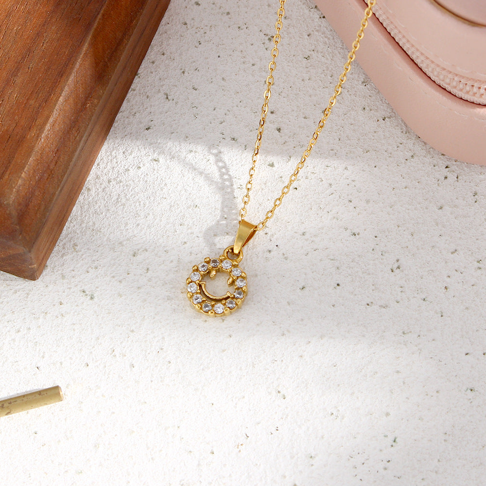 Fashion Minimalist Geometric Hollow Smile Face Pendant Necklace Stainless Steel 18K Gold Plated Cubic Zirconia for Women