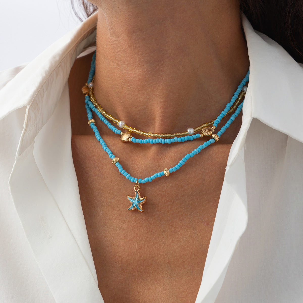 Bohemian Drip Oil Starfish Alloy Pendant Necklace with Seed Beads for Women
