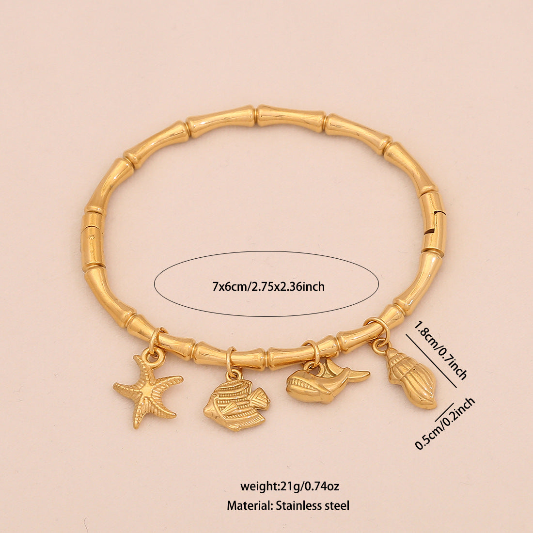 Bracciale personalizzato in acciaio inossidabile con stella marina, conchiglia e farfalla floreale, con finitura placcata