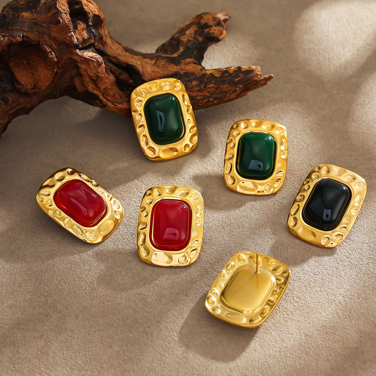 Vintage 18K Gold Plated Square Geometric Gemstone Stainless Steel Earrings