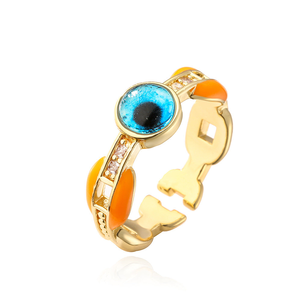Minimalist Geometric Eye-Shaped Copper Ring with 18K Gold Plating and Enamel Finish for Women