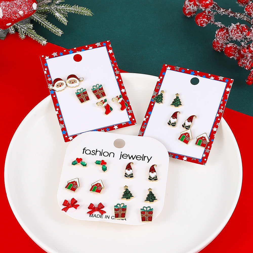 Juego de pendientes navideños para mujer con dijes esmaltados de Papá Noel y árbol, aretes de aleación con postes de oro de 14 quilates
