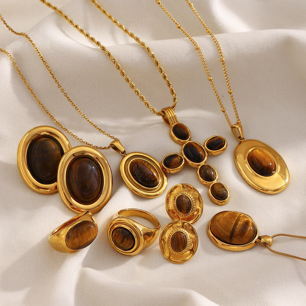 Minimalist Oval Tiger Eye Cross Necklace in Stainless Steel with 18K Gold Plating for Women