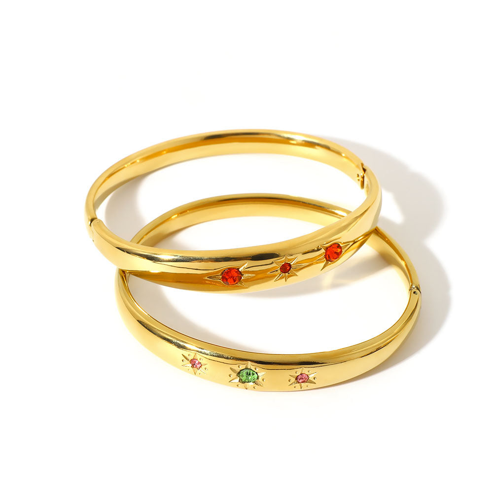 Vintage Style Geometric Stainless Steel Bracelet with 18K Gold Plating and Zircon Inlay for Women