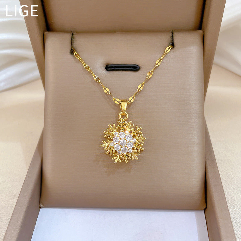 Sweet Minimalist Geometric Snowflake Rhinestone Pendant Necklace Titanium Steel Cable Chain for Unisex