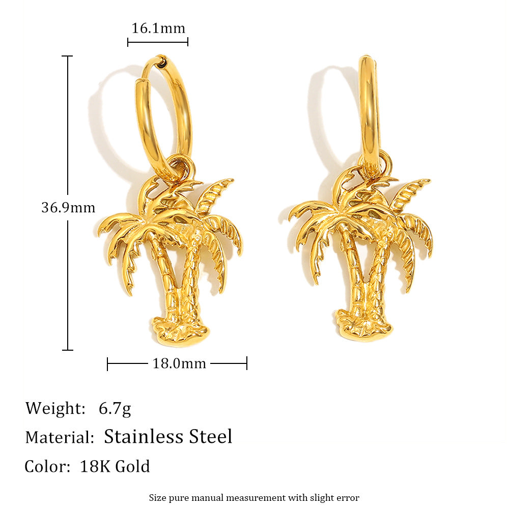 Fashionable OL Style Floral and Palm Tree Stud Earrings in Stainless Steel with 18K Gold Plating and Enamel Finish for Women