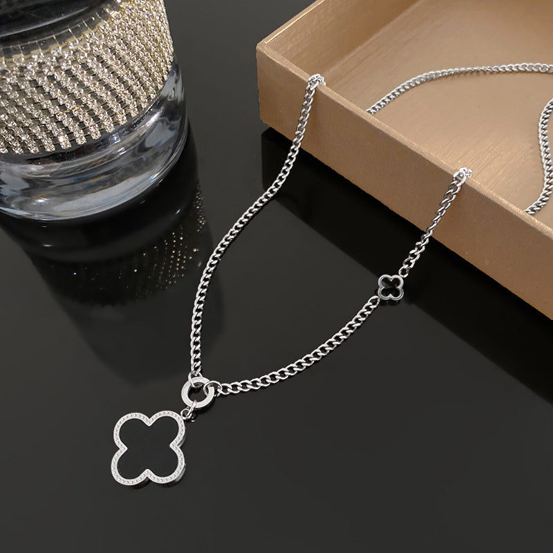 Layered Black and White Double-Sided Micro-Pave Shell Four-Leaf Clover Geometric Titanium Steel Long Necklace for Unisex