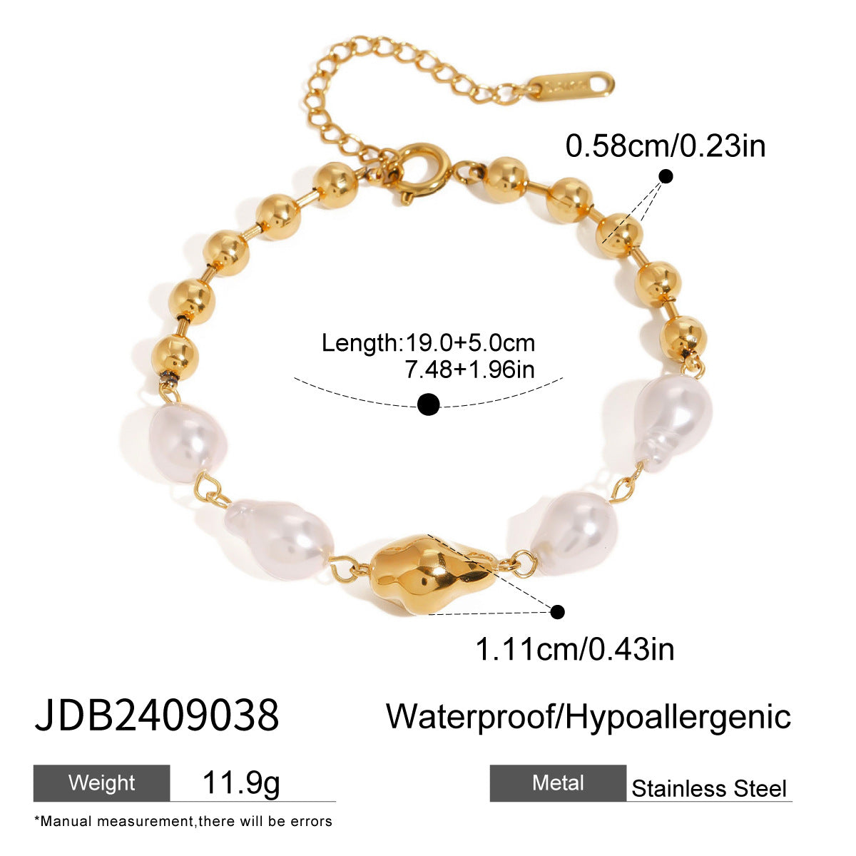 Bracciale geometrico placcato in acciaio inossidabile da donna con dettagli in perle barocche, design minimalista e alla moda