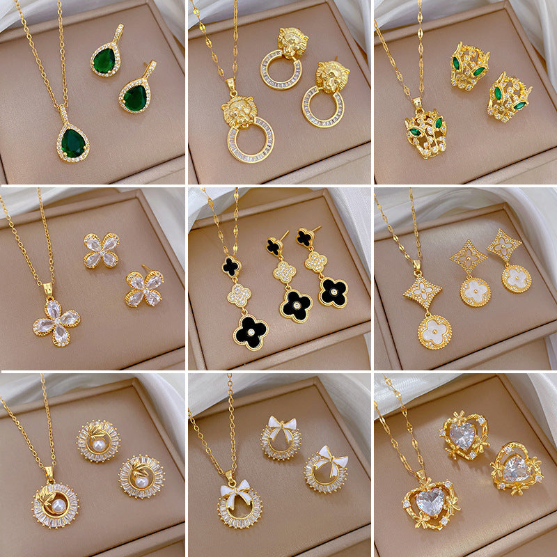 Luxury Fresh and Sweet Plated Brass Zircon Micro-Pave Earrings and Necklace Set