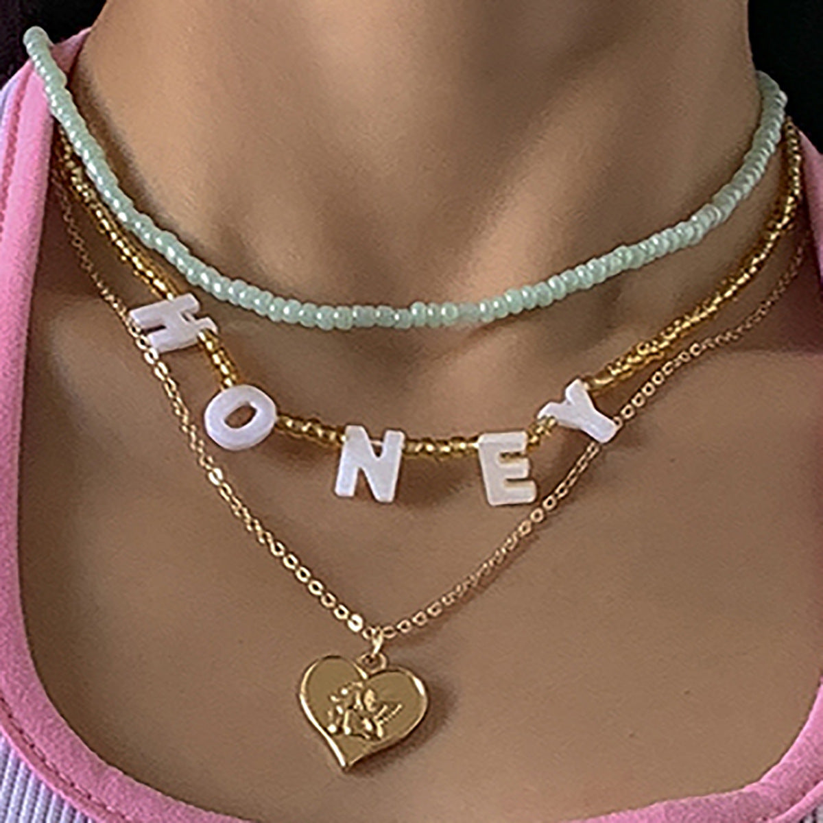 Minimalist Honey Letter Layered Necklace with Heart Shape Pendant, Alloy Chain, Electroplated Finish, Bohemian and Rustic Inspired
