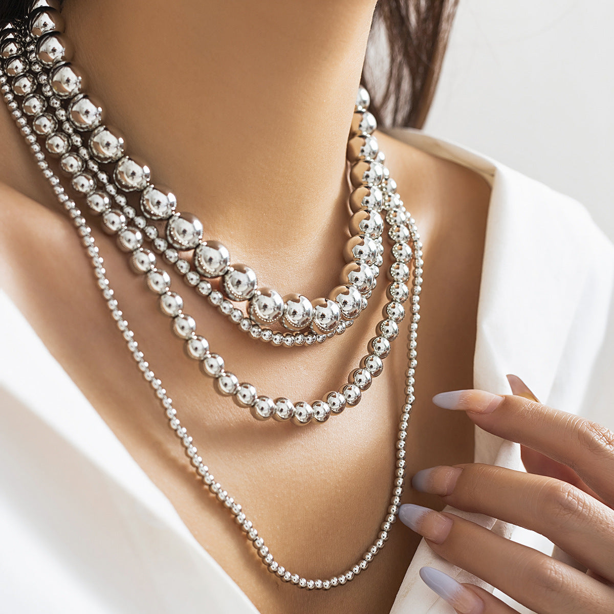 Cyberpunk Style Heart-Shaped Geometric Pendant Necklace with Imitation Pearl Beads Electroplated Multi-Layer Round Bead Chain for Women