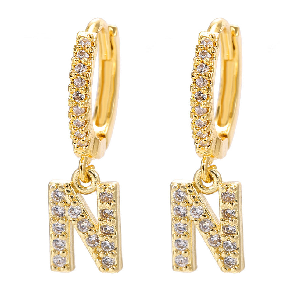 Elegant Gold Plated Letter Cubic Zirconia Inlay Brass Earrings